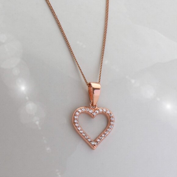 Sparkling Rose Gold CZ Heart Curb Chain Necklace, Delicate Summer Heart Charm - Picture 1 of 3
